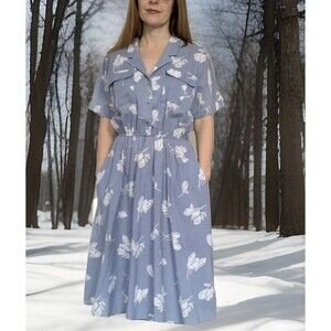 Vintage 80s Blue Shirt Dress S M Petite Stuart Alan